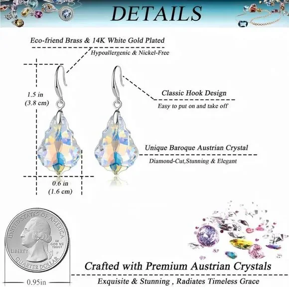 Silver with Iridescent AB Austrian Crystal Baroque Dangling Drop Hook Earrings